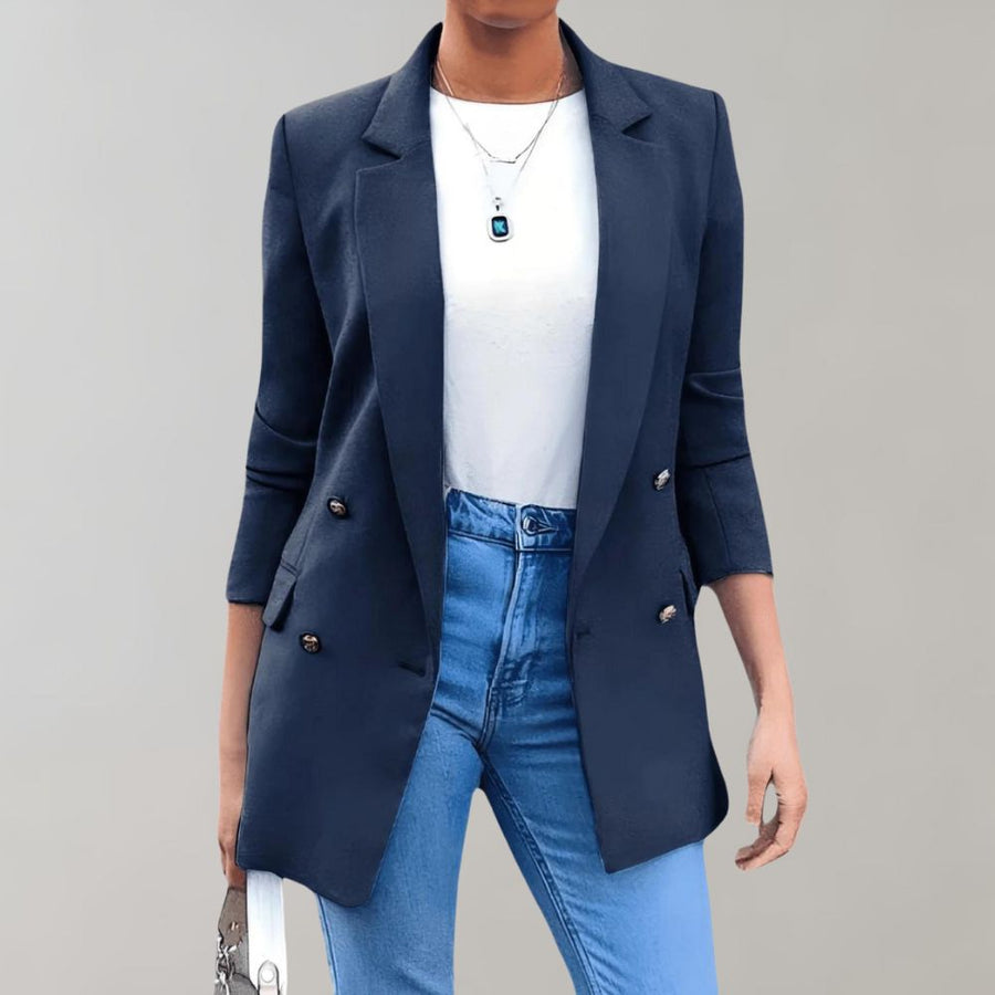 Blazer Damen lang und tailliert, zweireihig mit Dreiviertelärmeln - Marineblau