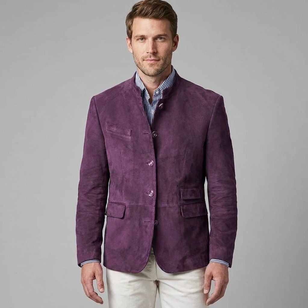 Suede-Look Stand-Collar Tailored Jacket - Purple