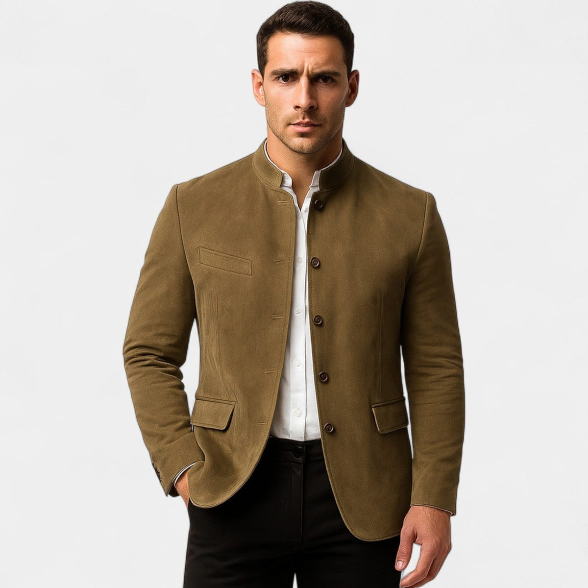 Suede-Look Stand-Collar Tailored Jacket - Khaki