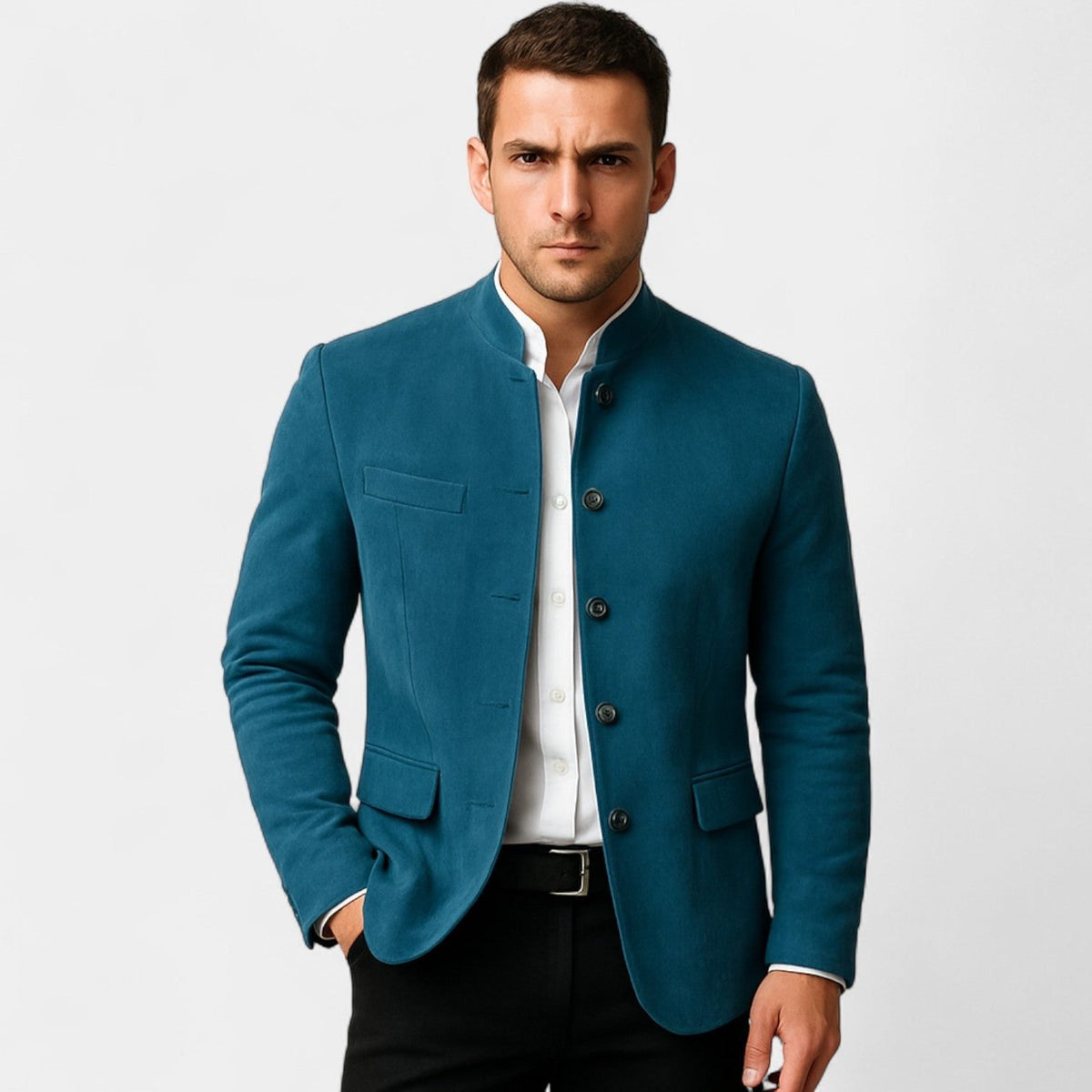 Suede-Look Stand-Collar Tailored Jacket - Navy blue
