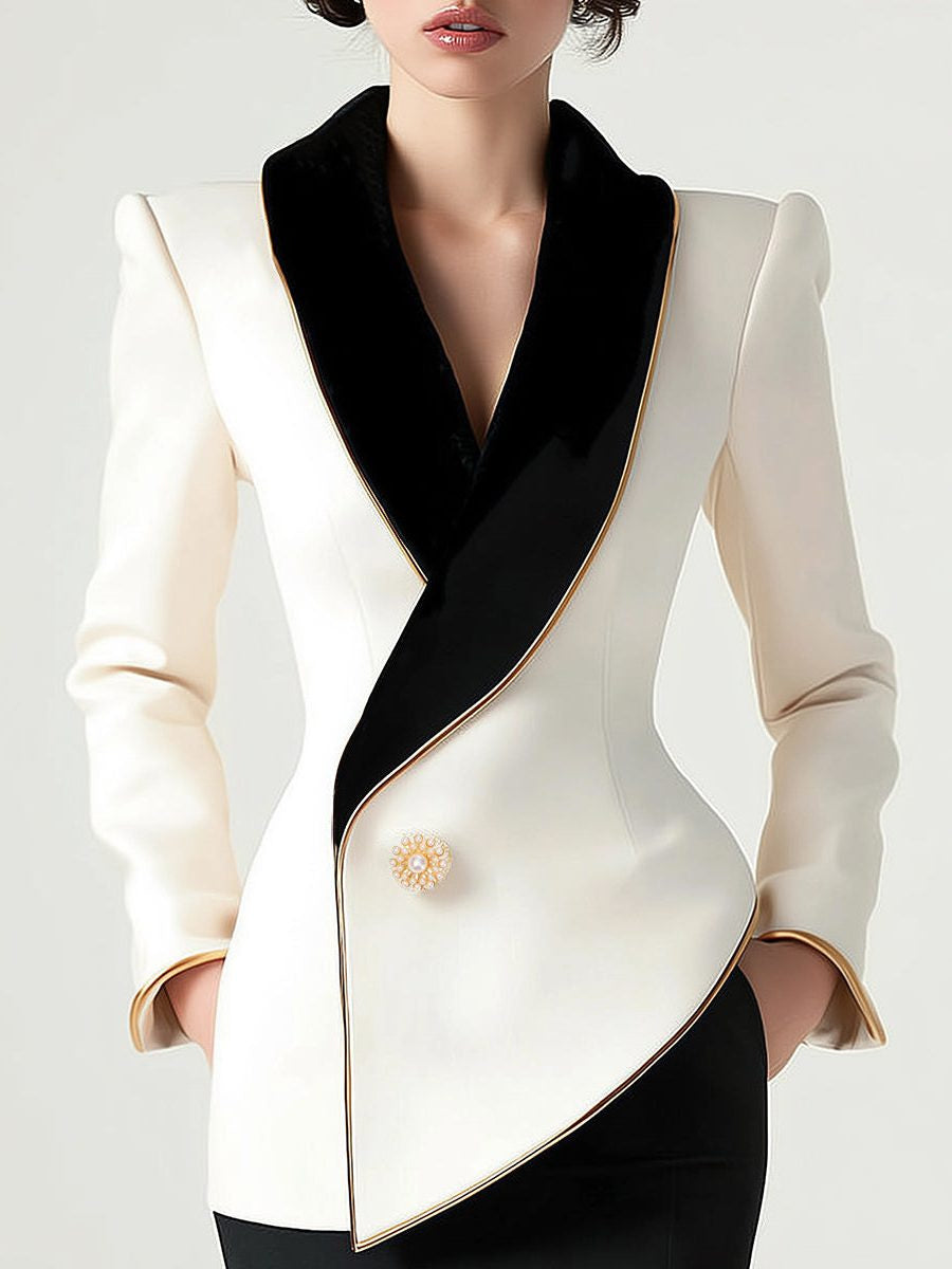 Asymmetric Blazer with Contrast Lapels - White