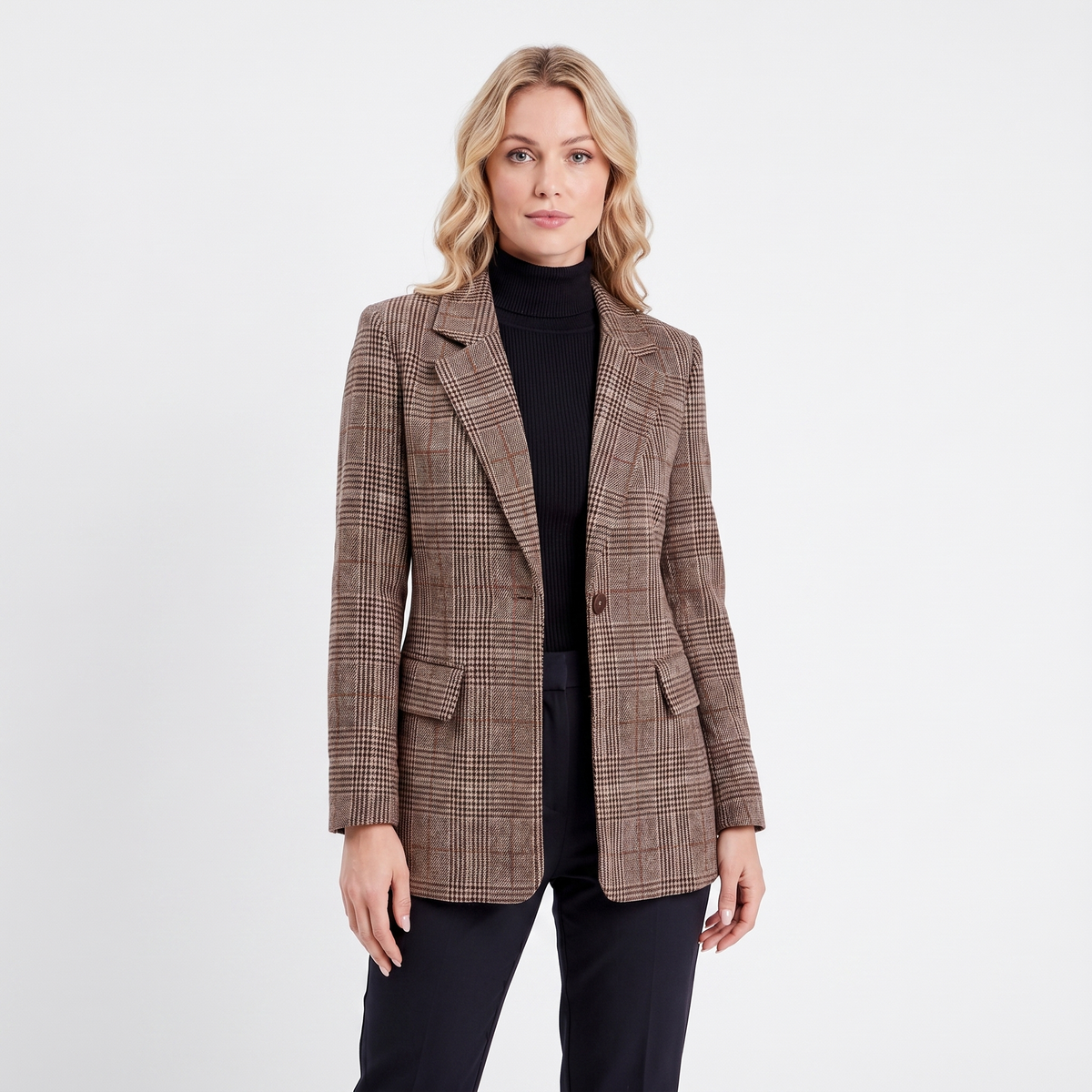 Checked Longline Blazer with Flap Pockets - Brown