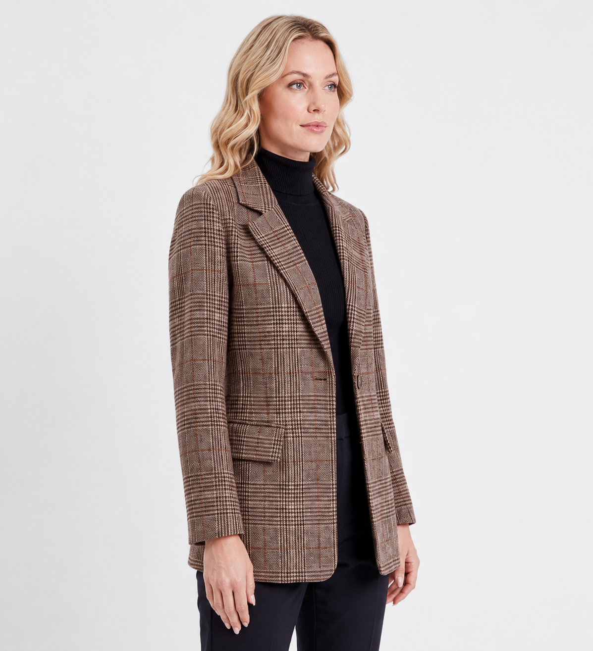 Checked Longline Blazer with Flap Pockets - Brown