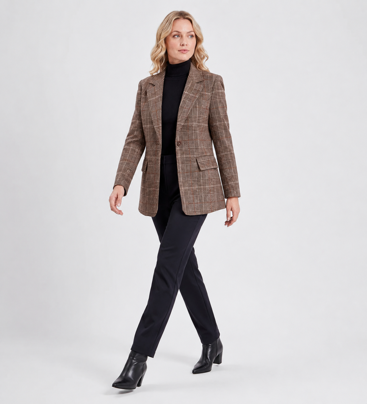Checked Longline Blazer with Flap Pockets - Brown