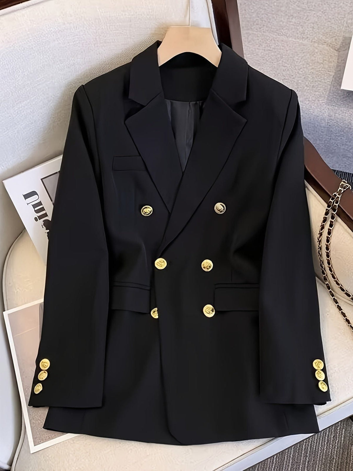 Double-Breasted Blazer with Notched Lapels - Black