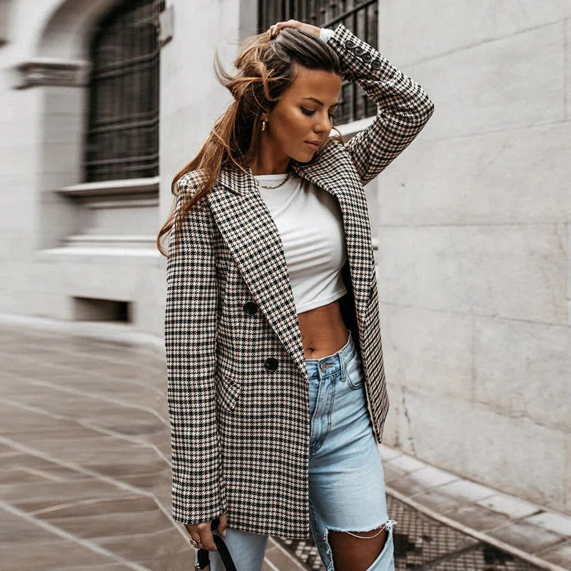 Checked Double-Breasted Blazer - Black/White