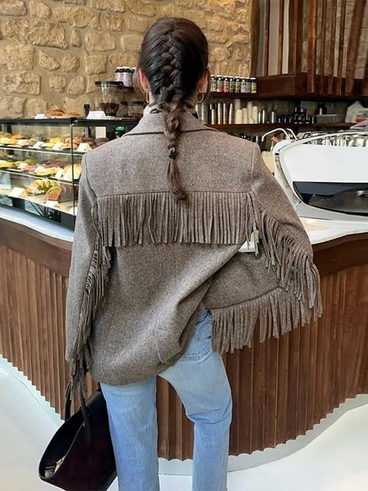 Fringed Blazer with Lapel Collar - Brown