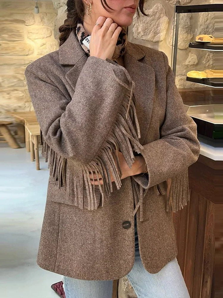 Fringed Blazer with Lapel Collar - Brown