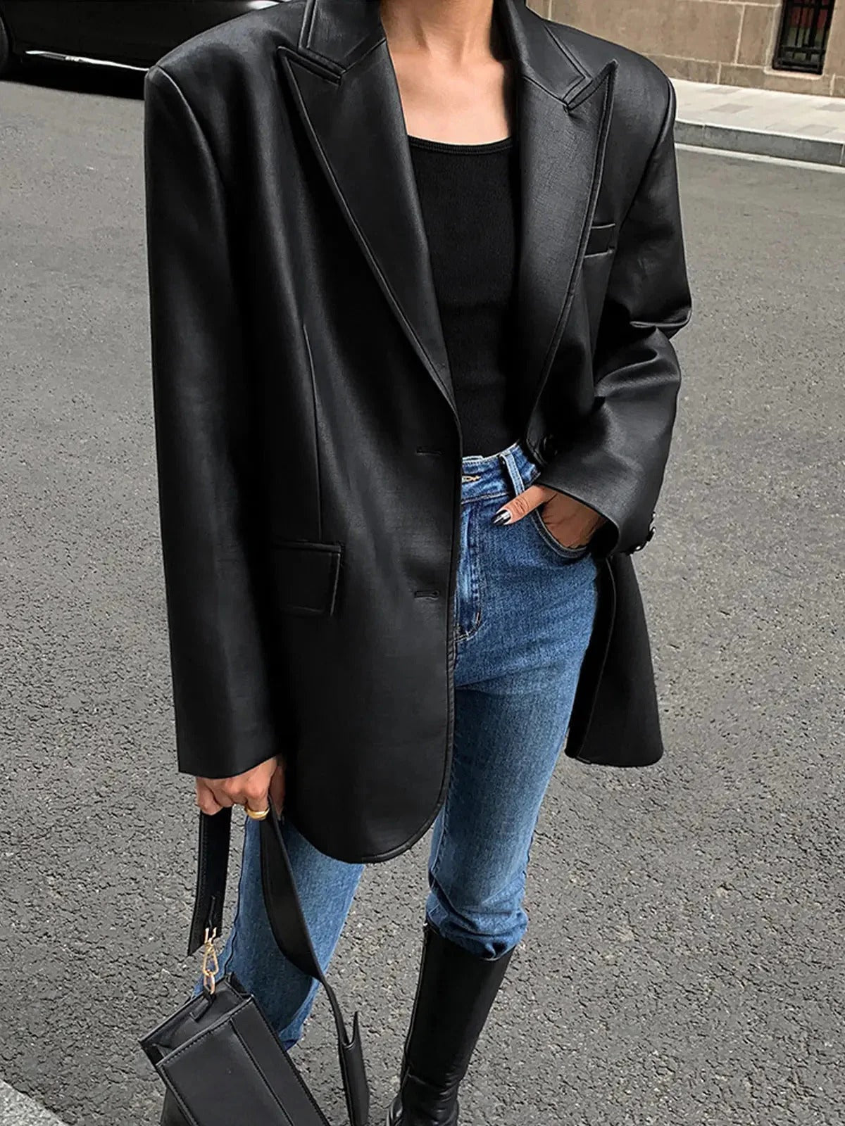 Oversized Faux Leather Blazer with Notch Lapels - Black