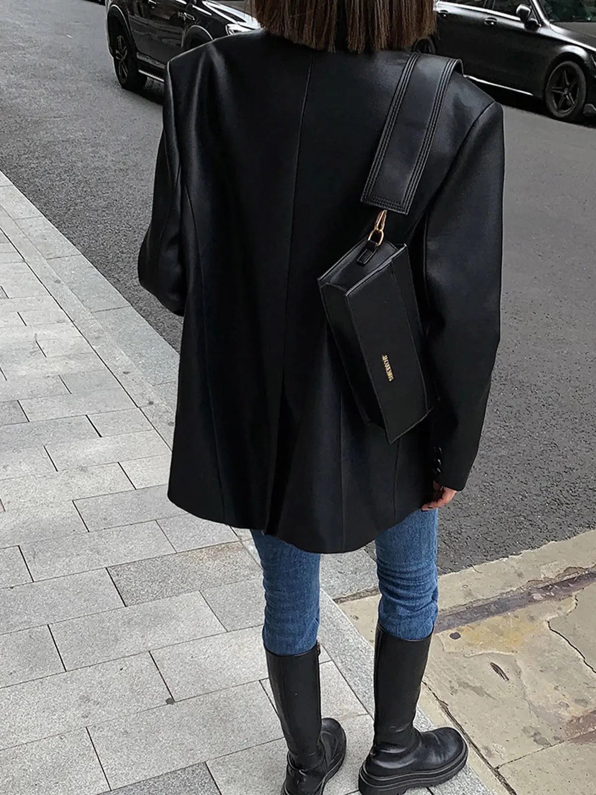 Oversized Faux Leather Blazer with Notch Lapels - Black