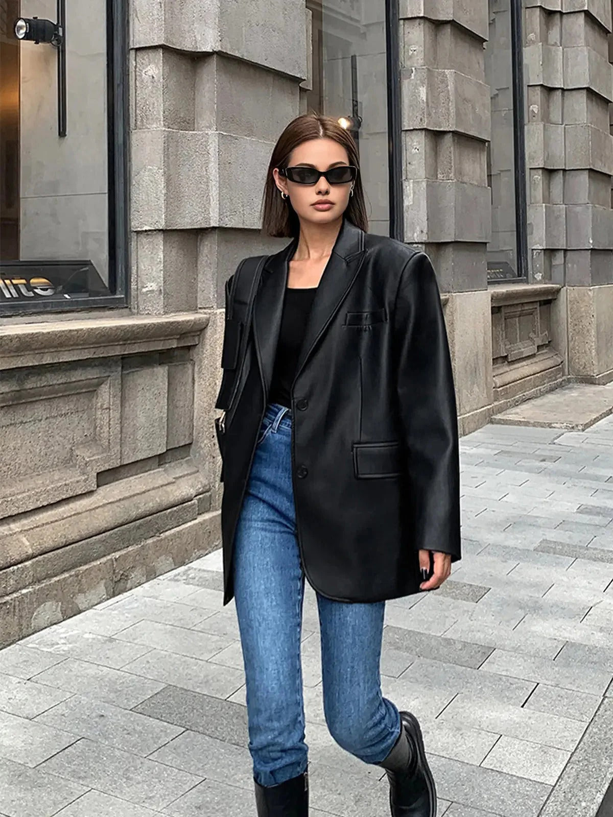 Oversized Faux Leather Blazer with Notch Lapels - Black