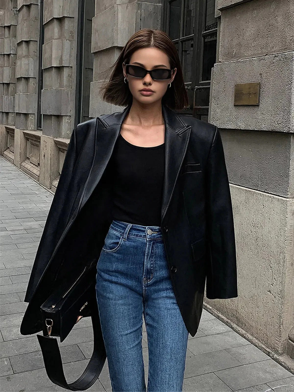 Oversized Faux Leather Blazer with Notch Lapels - Black