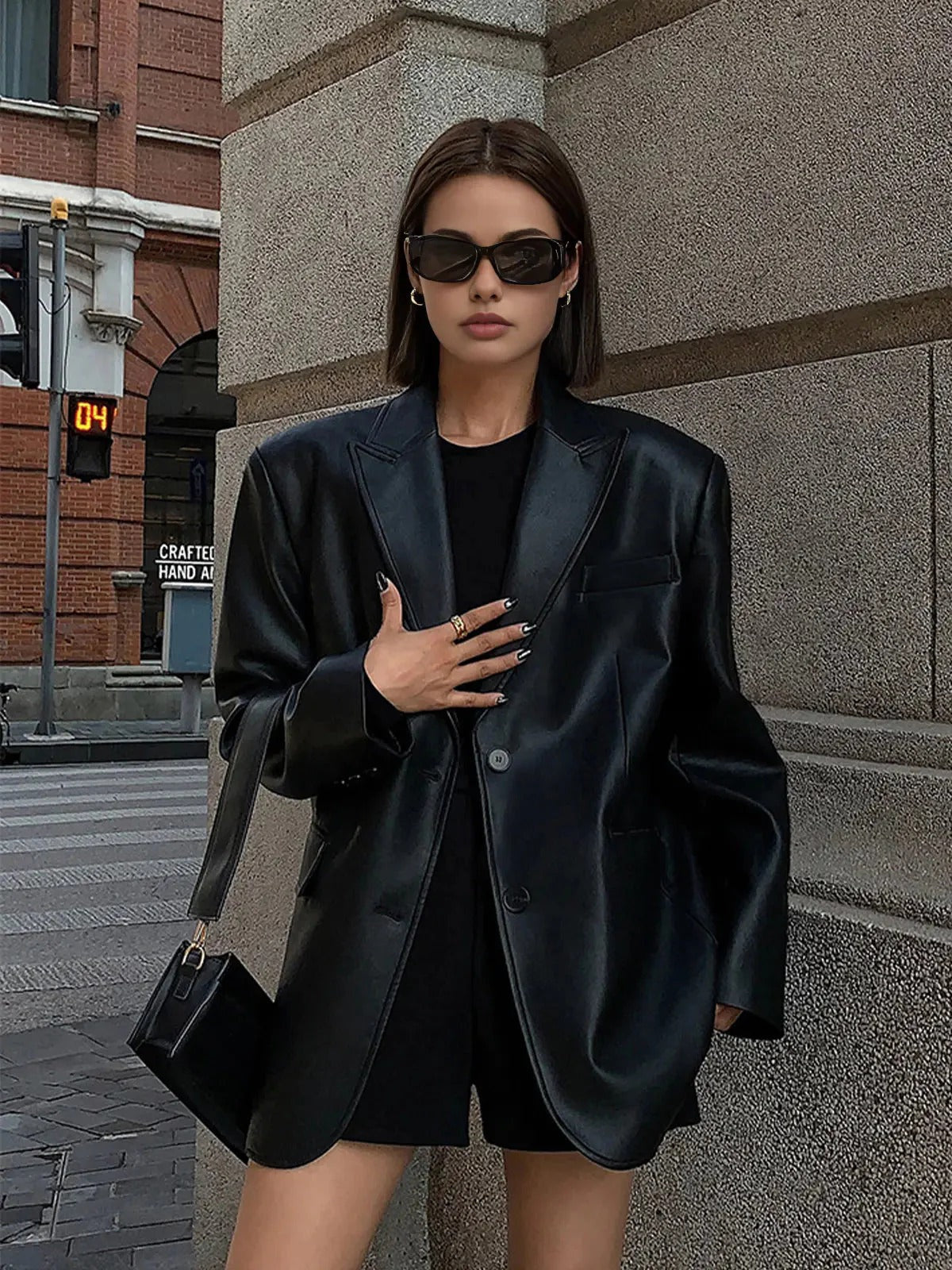 Oversized Faux Leather Blazer with Notch Lapels - Black