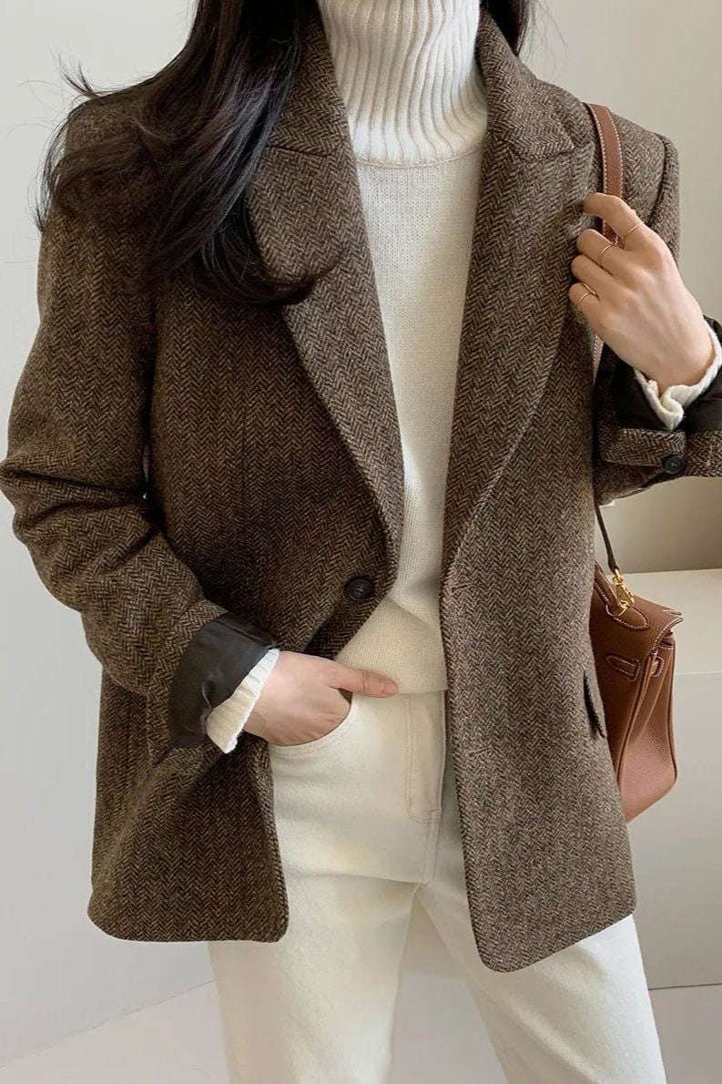 Oversized Longline Blazer with Notched Collar - Brown