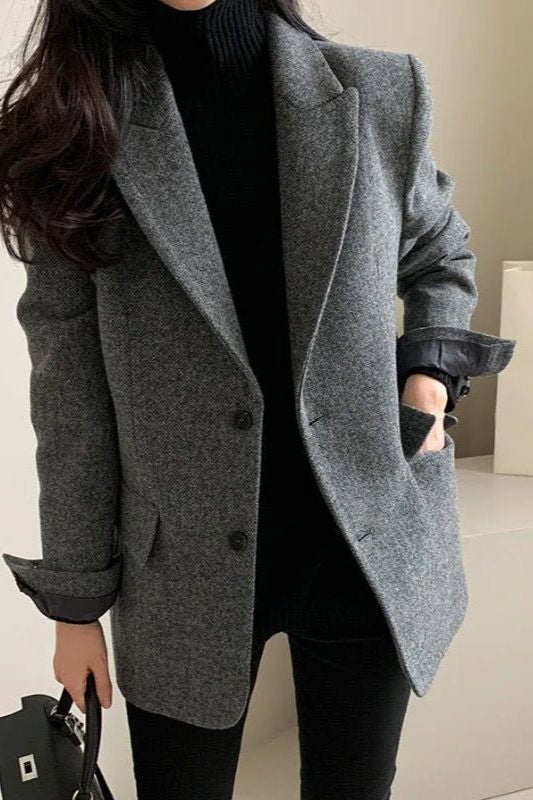 Oversized Longline Blazer with Notched Collar - Grey