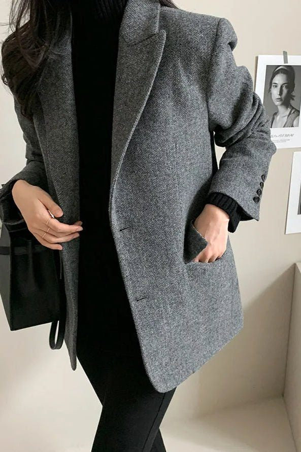 Oversized Longline Blazer with Notched Collar - Grey