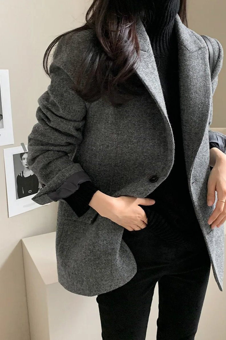 Oversized Longline Blazer with Notched Collar - Grey