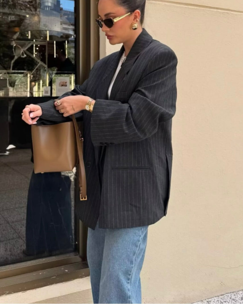 Oversized Pinstripe Double-Breasted Blazer - Black