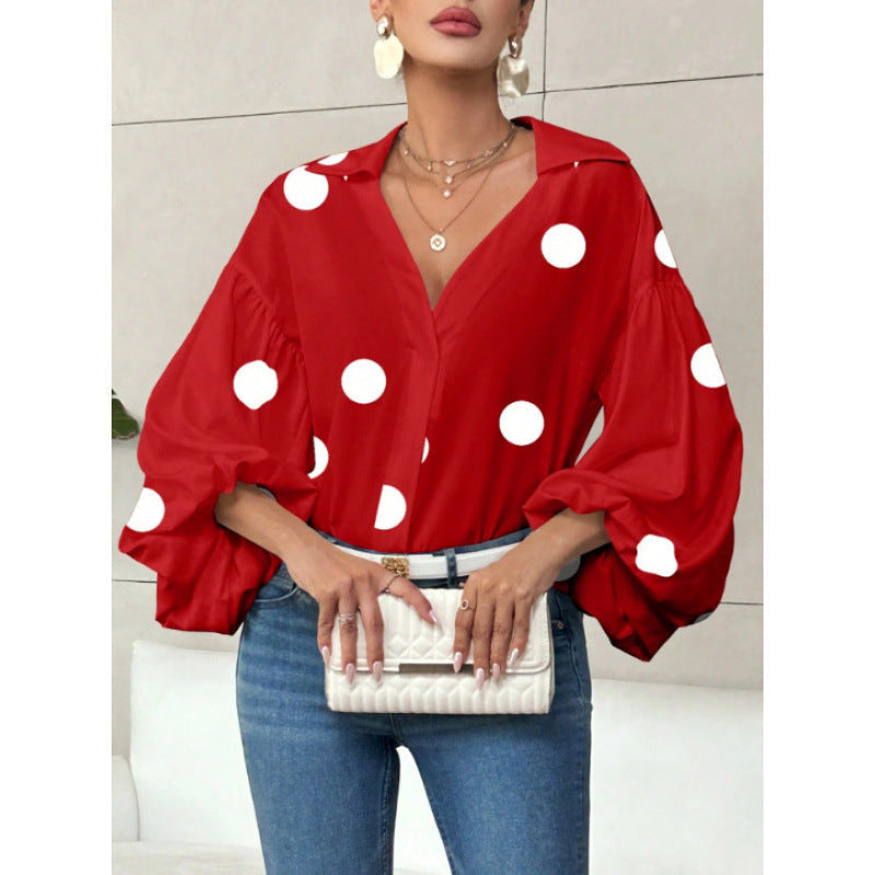 Bluse mit Ballonärmeln und V-Ausschnitt für Damen - Rot gepunktet
