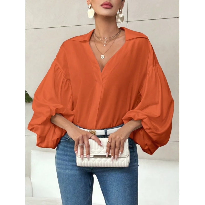Bluse mit Ballonärmeln und V-Ausschnitt für Damen - Orange