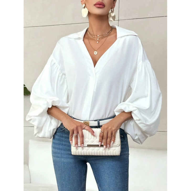 Bluse mit Ballonärmeln und V-Ausschnitt für Damen - Weiß