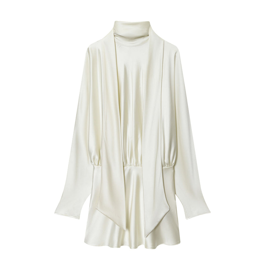 Bluse Damen aus Satin, locker geschnitten mit Stehkragen und Drapierung - Weiß