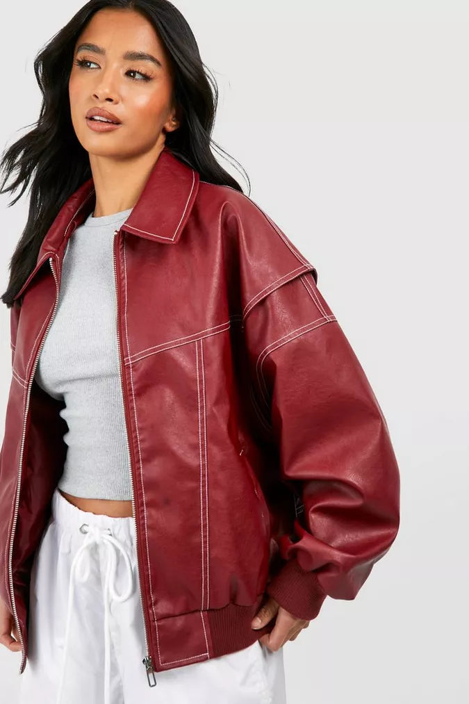 Bomberjacke mit weitem Schnitt und Rippbündchen für Damen - Bordeauxrot