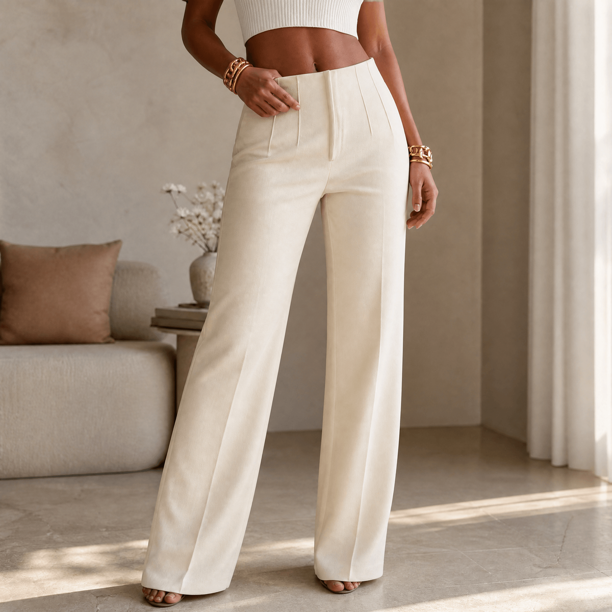 Bundfaltenhose mit hohem Bund und weitem Bein für Damen