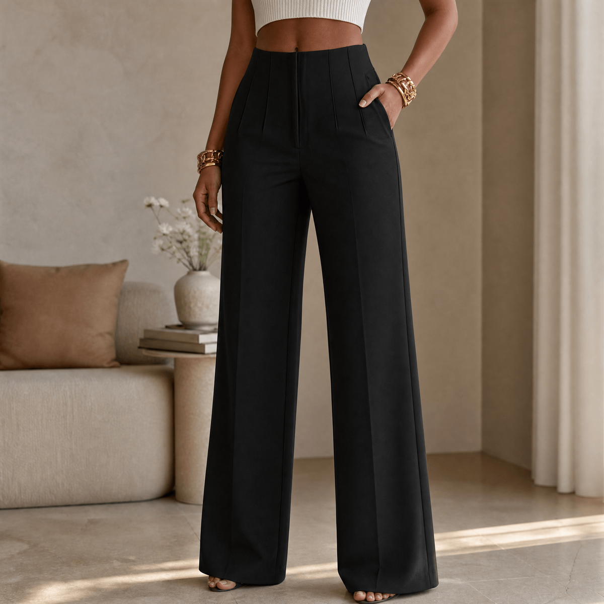 Bundfaltenhose mit hohem Bund und weitem Bein für Damen