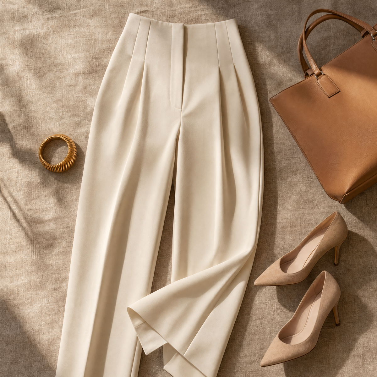 Bundfaltenhose mit hohem Bund und weitem Bein für Damen