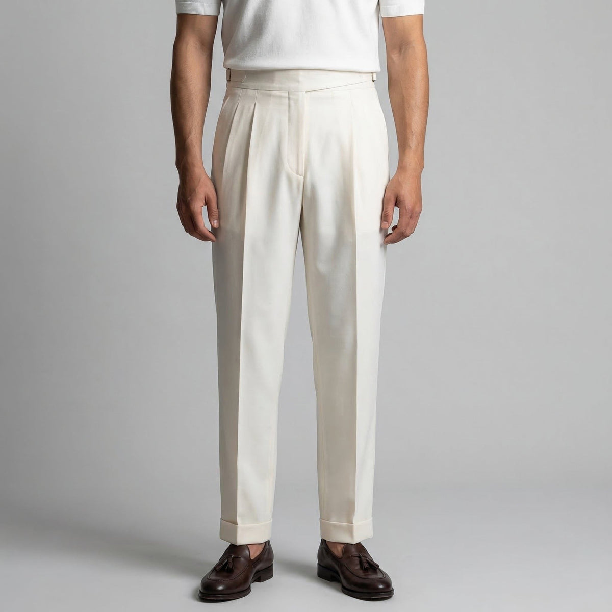 Bundfaltenhose mit geradem Bein und Knöchellänge für Herren - Creme