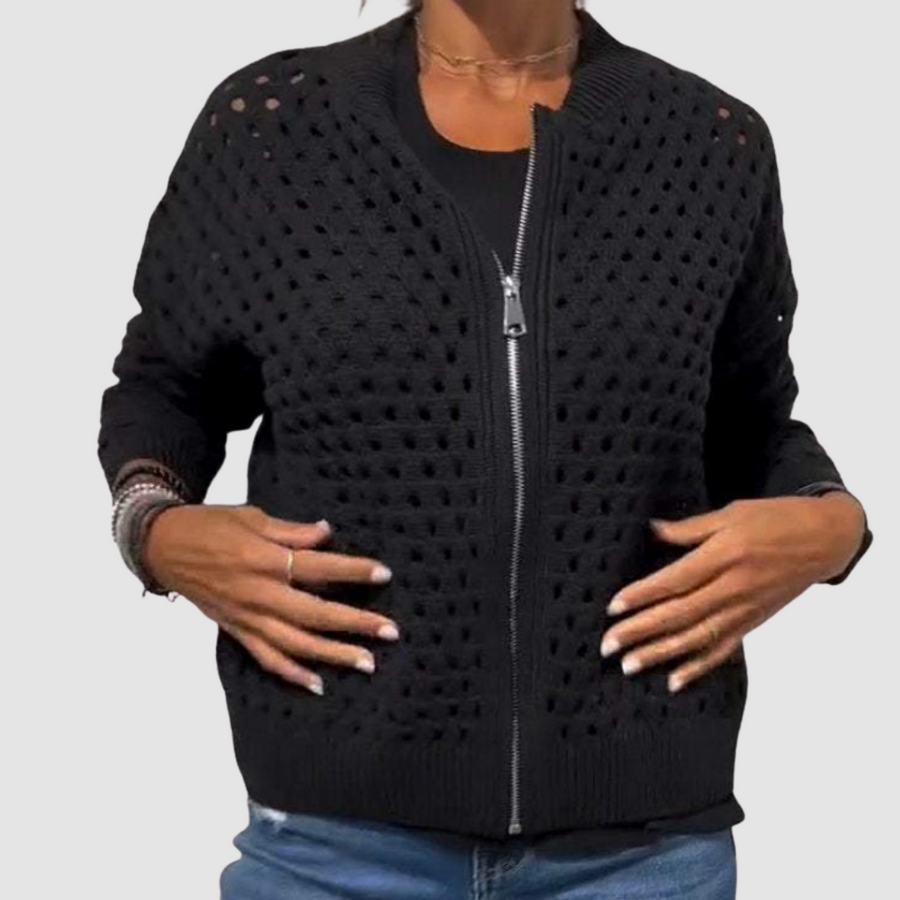 Cardigan Damen locker geschnitten mit Ajourmuster und Reißverschluss