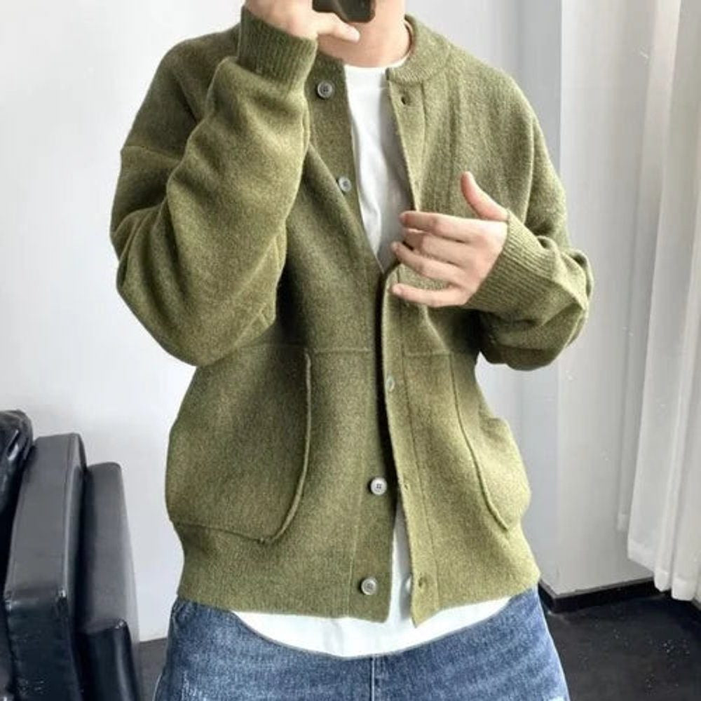 Oversized Crew-Neck Cardigan with Patch Pockets - Green