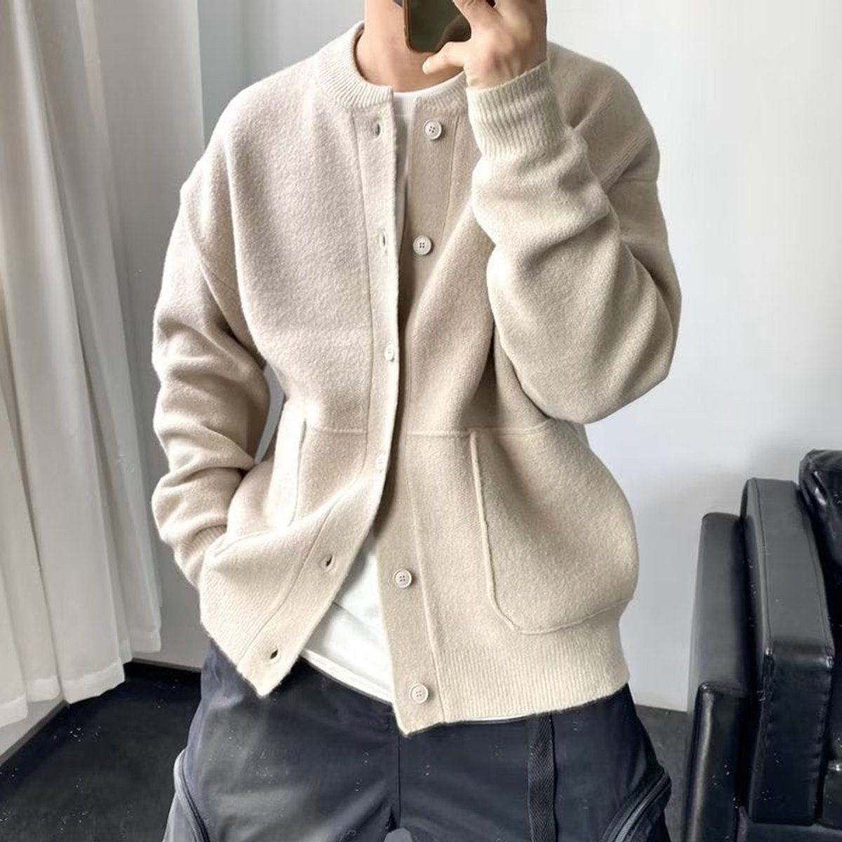 Oversized Crew-Neck Cardigan with Patch Pockets - Beige