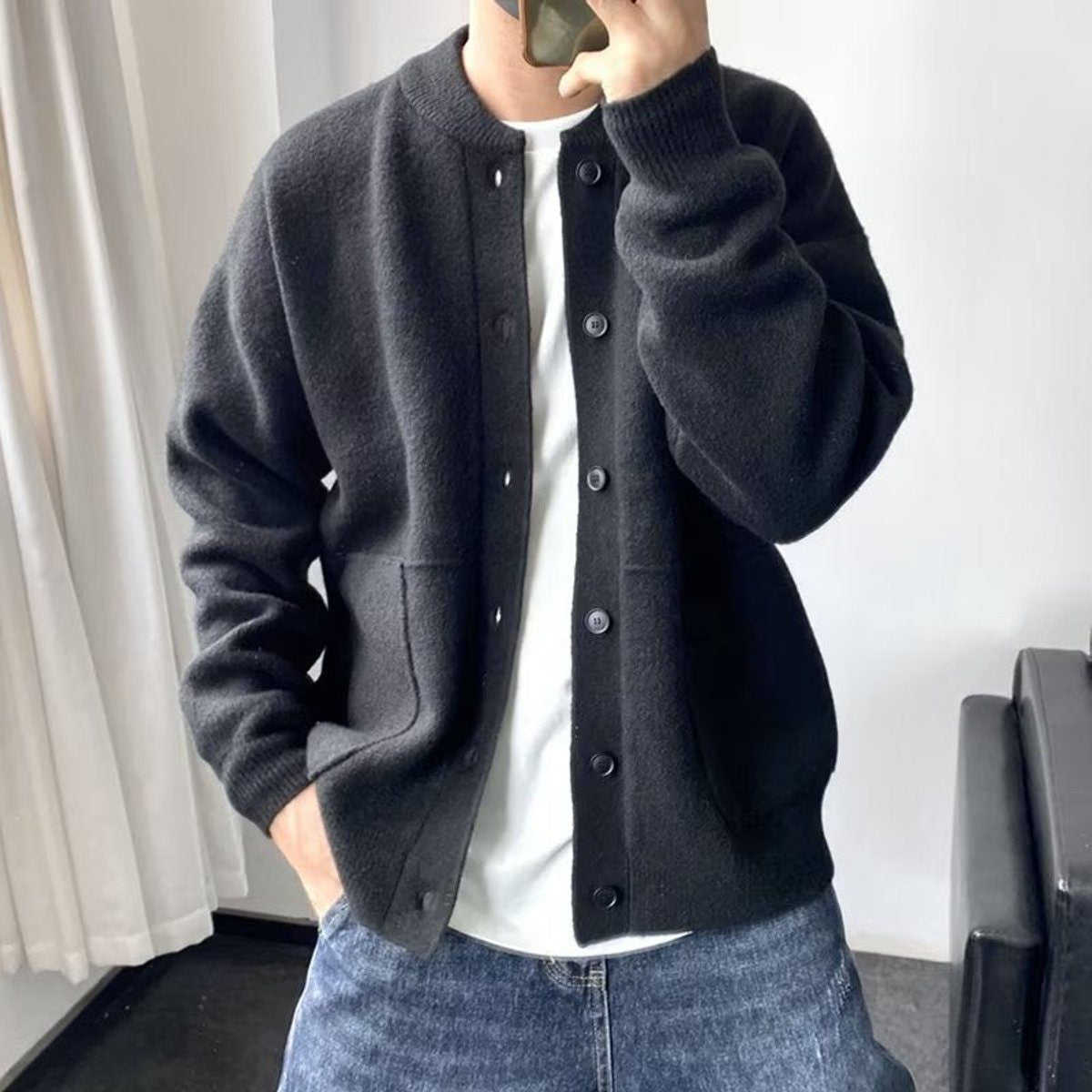 Oversized Crew-Neck Cardigan with Patch Pockets - Black