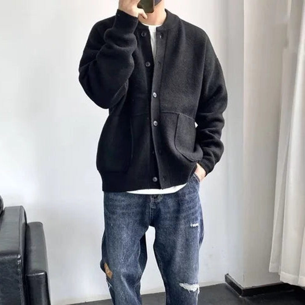Oversized Crew-Neck Cardigan with Patch Pockets - Black