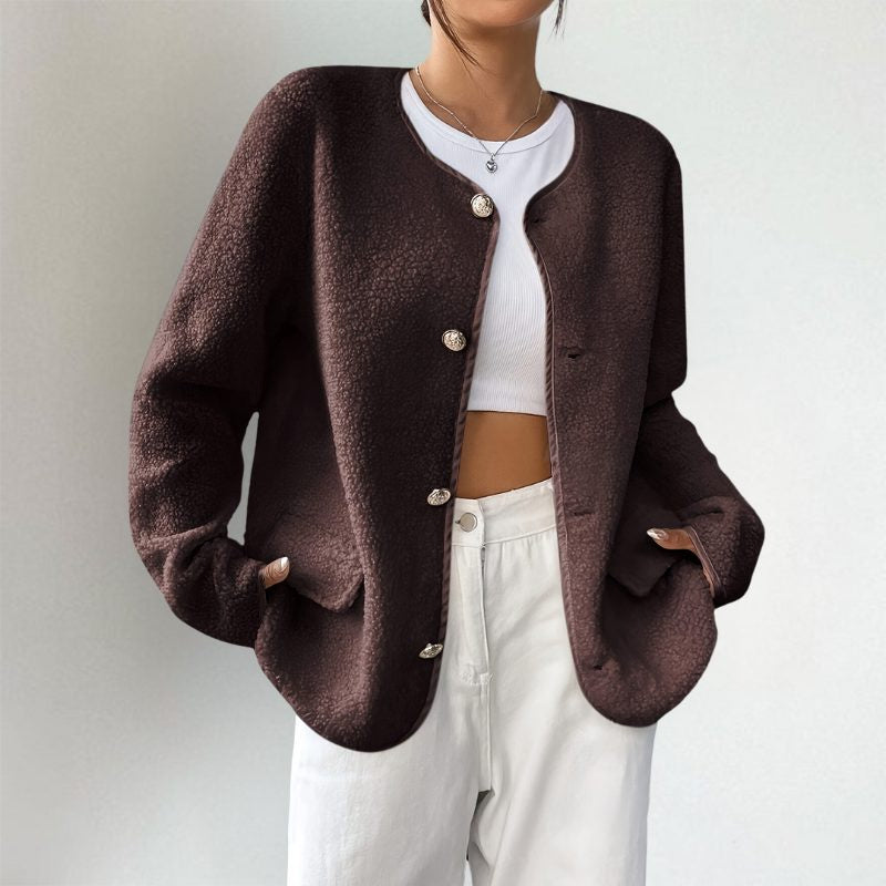 Collarless Button-Front Cardigan with Patch Pockets - Dark Brown