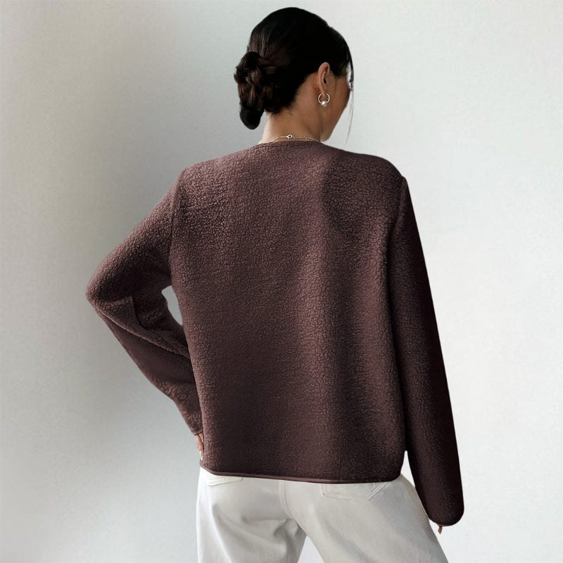 Collarless Button-Front Cardigan with Patch Pockets - Dark Brown