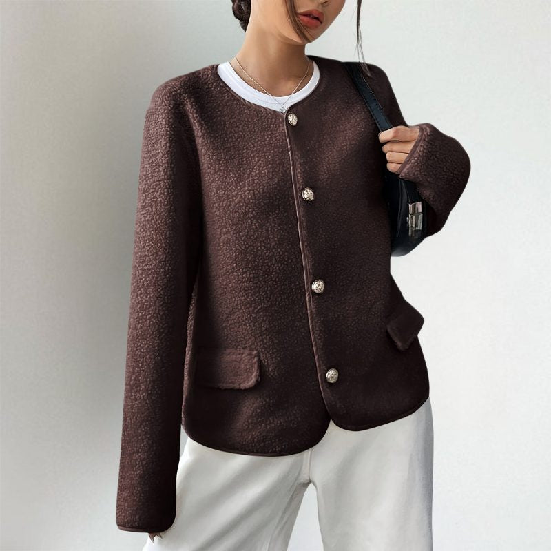 Collarless Button-Front Cardigan with Patch Pockets - Dark Brown