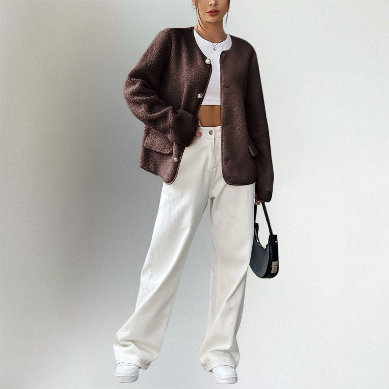 Collarless Button-Front Cardigan with Patch Pockets - Dark Brown
