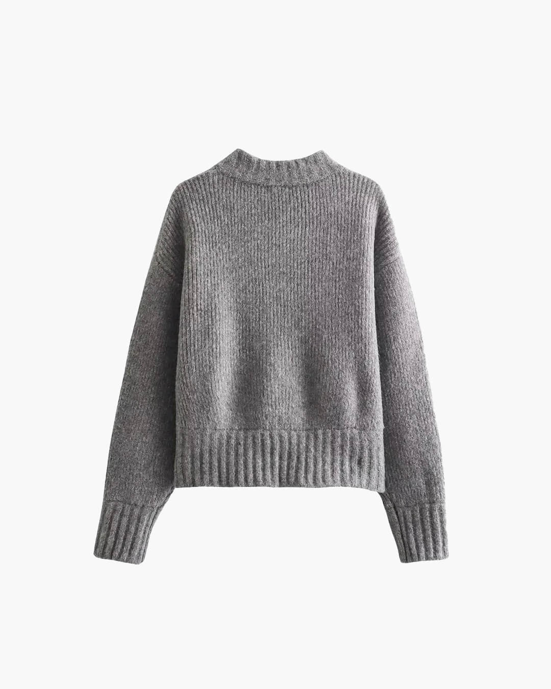 Cropped Zip-Up Knit Cardigan with Round Neck - Grey