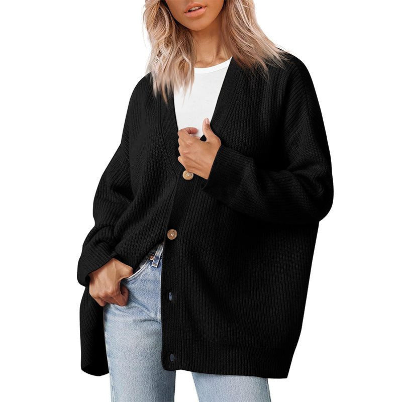 Oversized V-Neck Ribbed Cardigan - Black