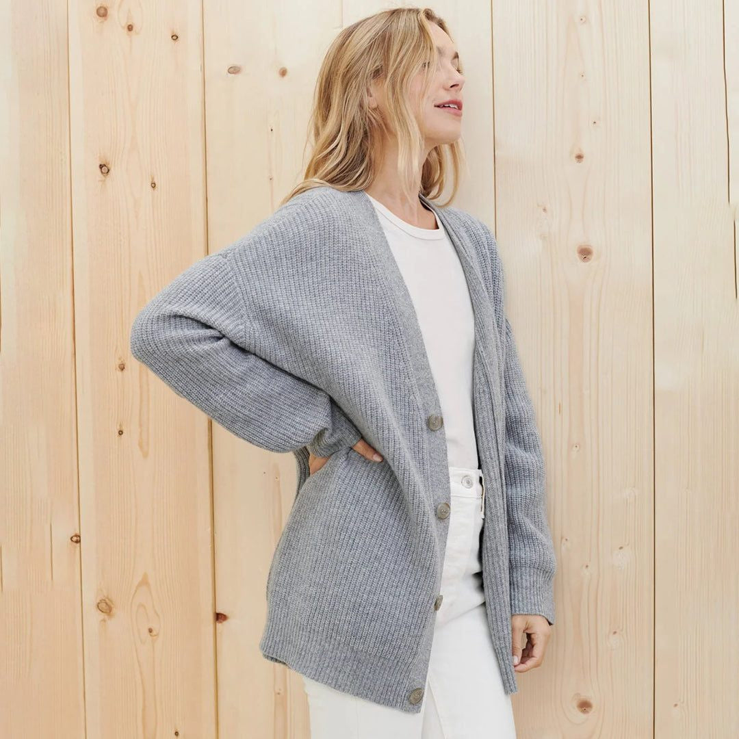 Oversized V-Neck Ribbed Cardigan - Light Grey