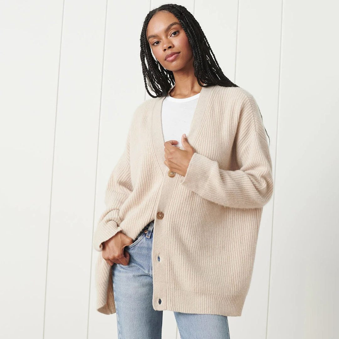 Oversized V-Neck Ribbed Cardigan - White