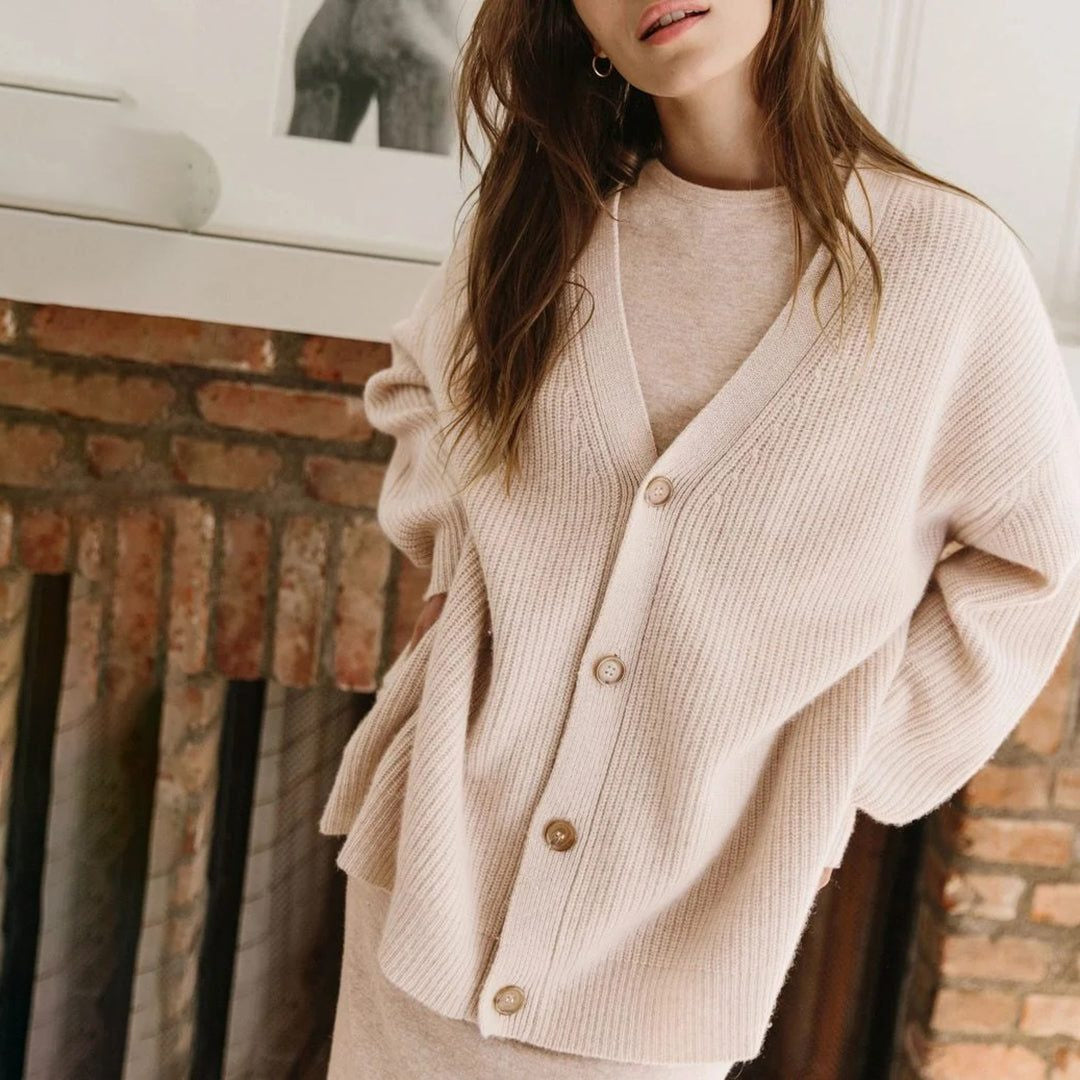 Oversized V-Neck Ribbed Cardigan - Pink