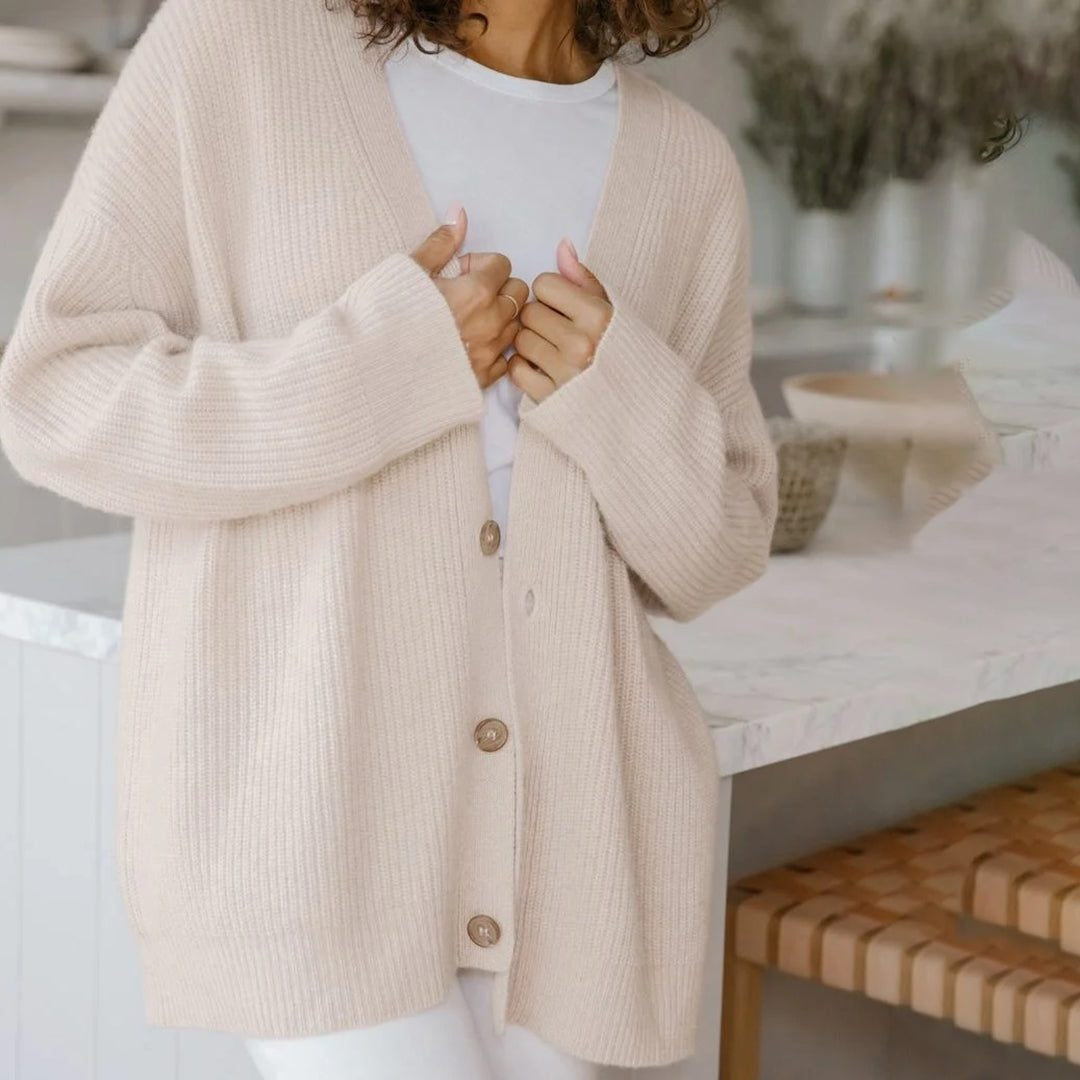 Oversized V-Neck Ribbed Cardigan - Pink