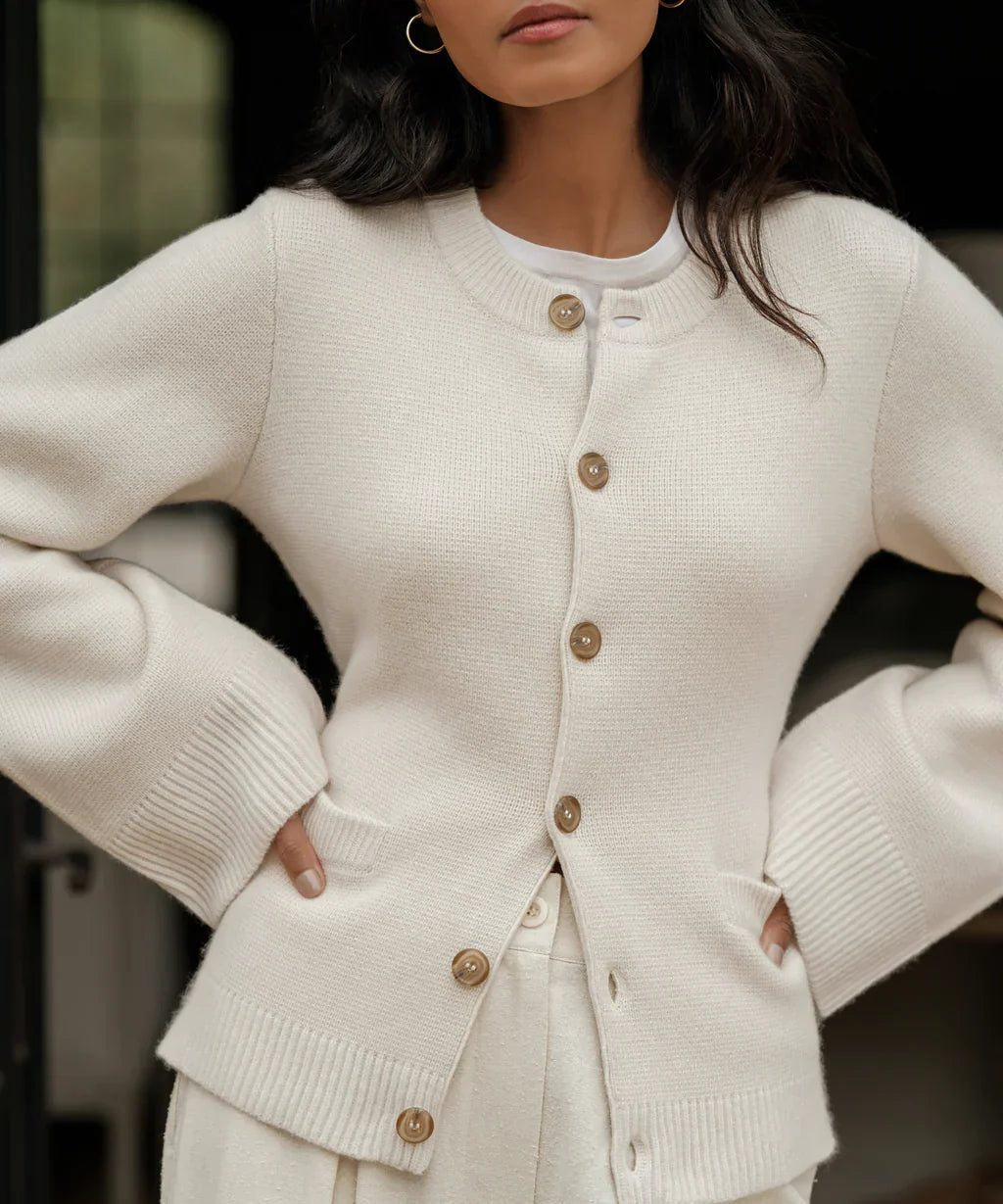 Crew-Neck Cardigan with Contrast Buttons - White