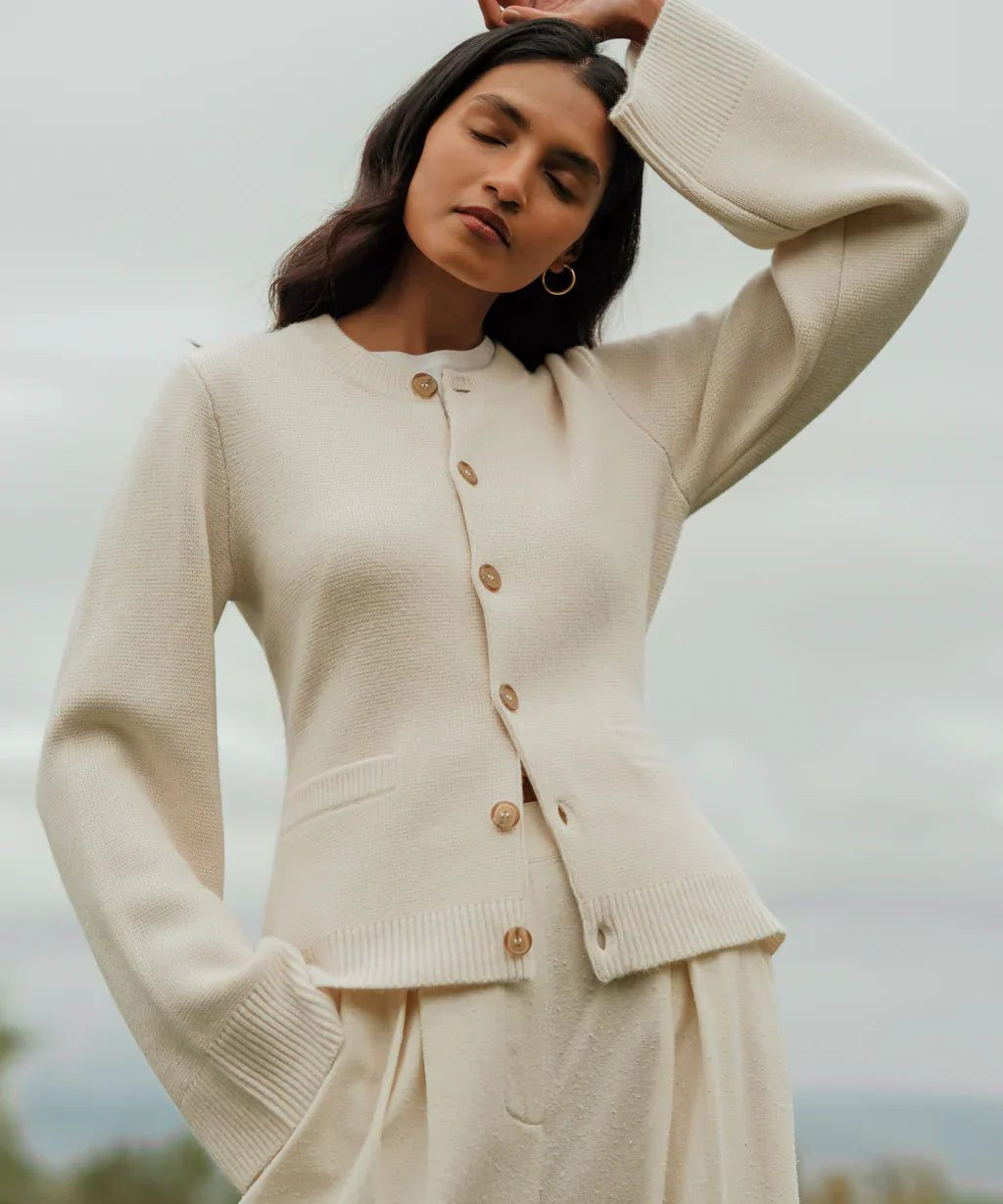 Crew-Neck Cardigan with Contrast Buttons - White