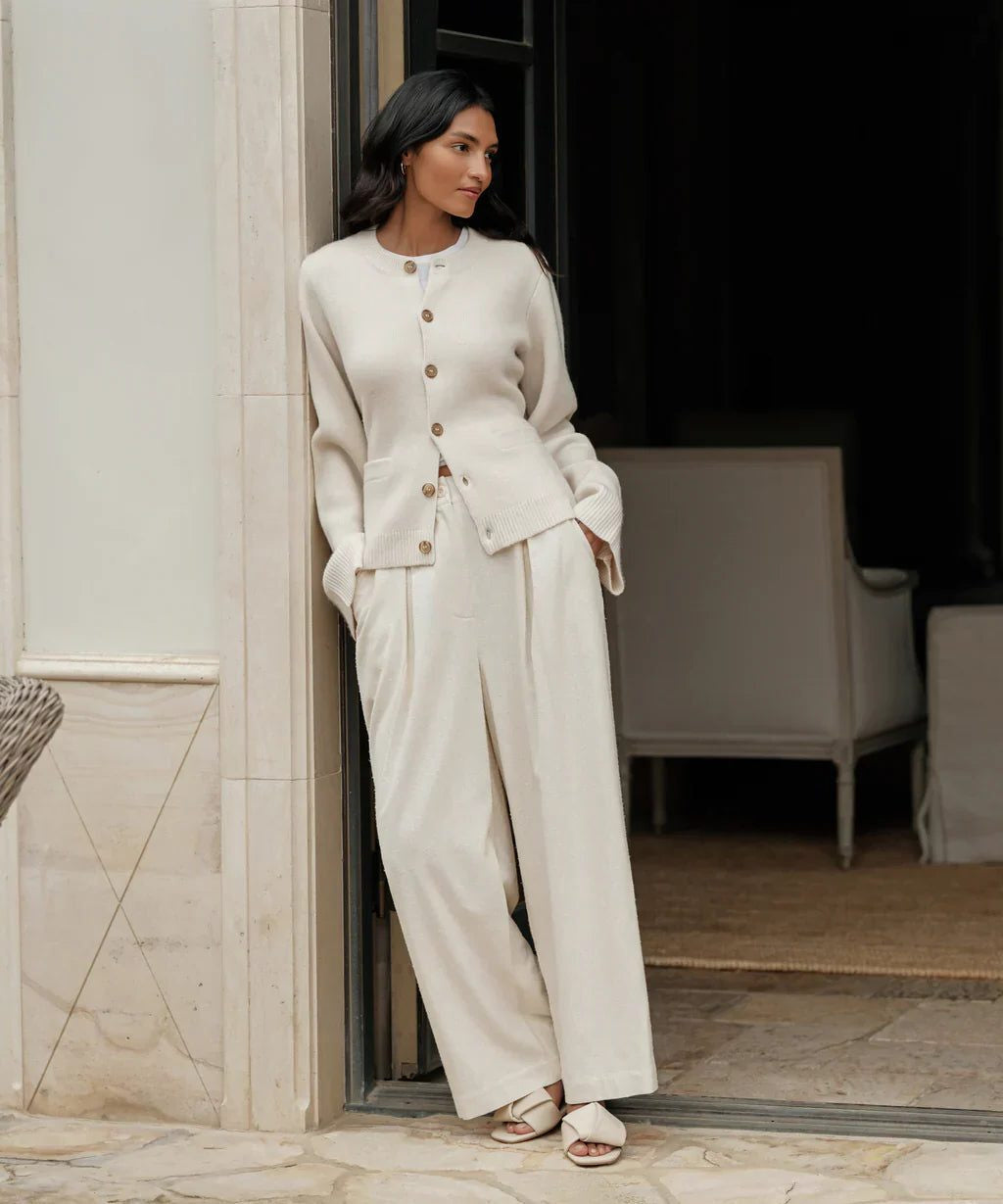 Crew-Neck Cardigan with Contrast Buttons - White