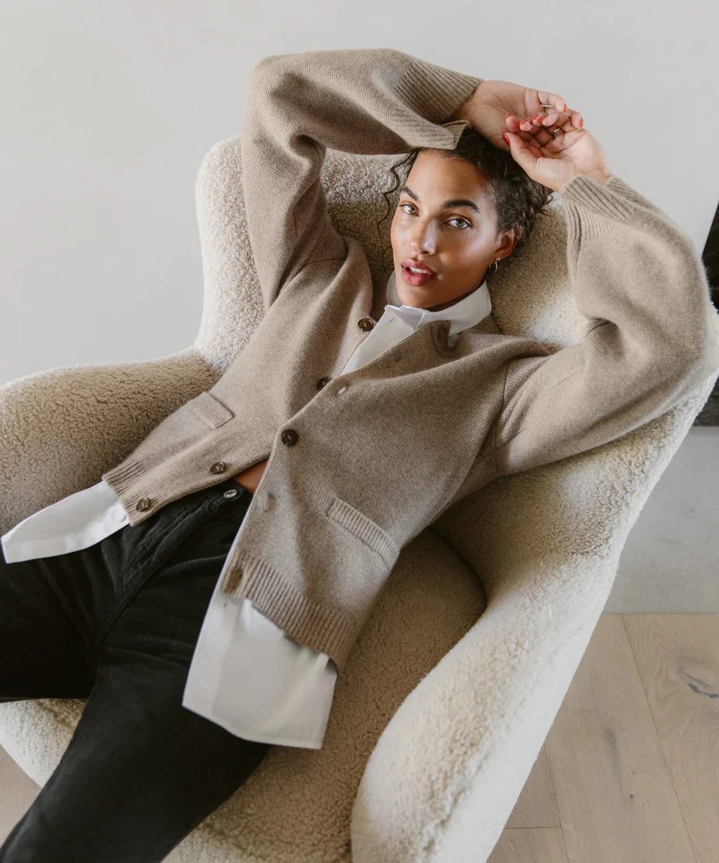 Crew-Neck Cardigan with Contrast Buttons - Khaki